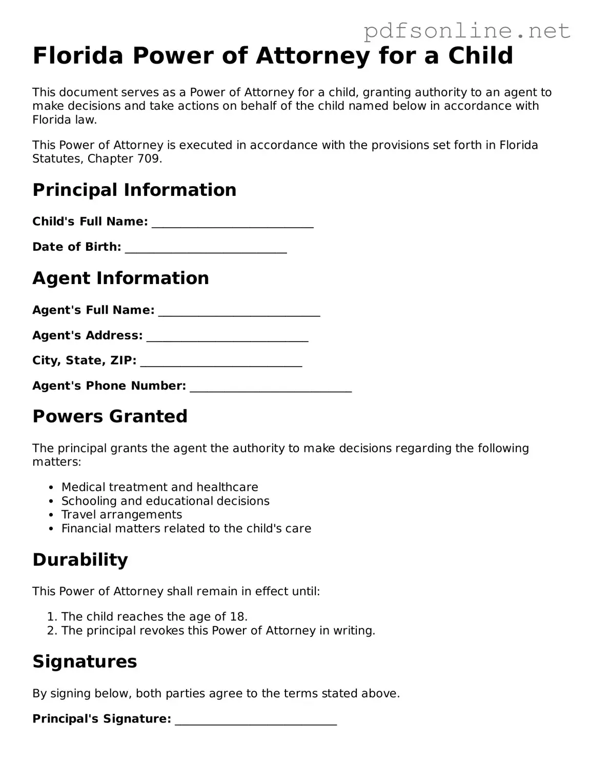 Legal Power of Attorney for a Child Template for the State of Florida