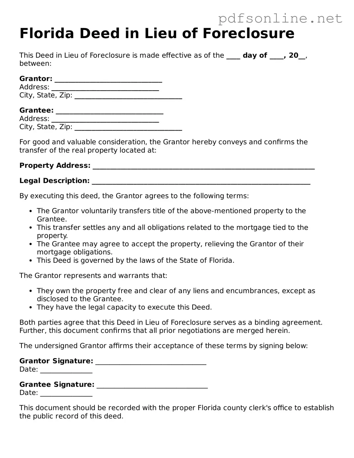 Legal Deed in Lieu of Foreclosure Template for the State of Florida