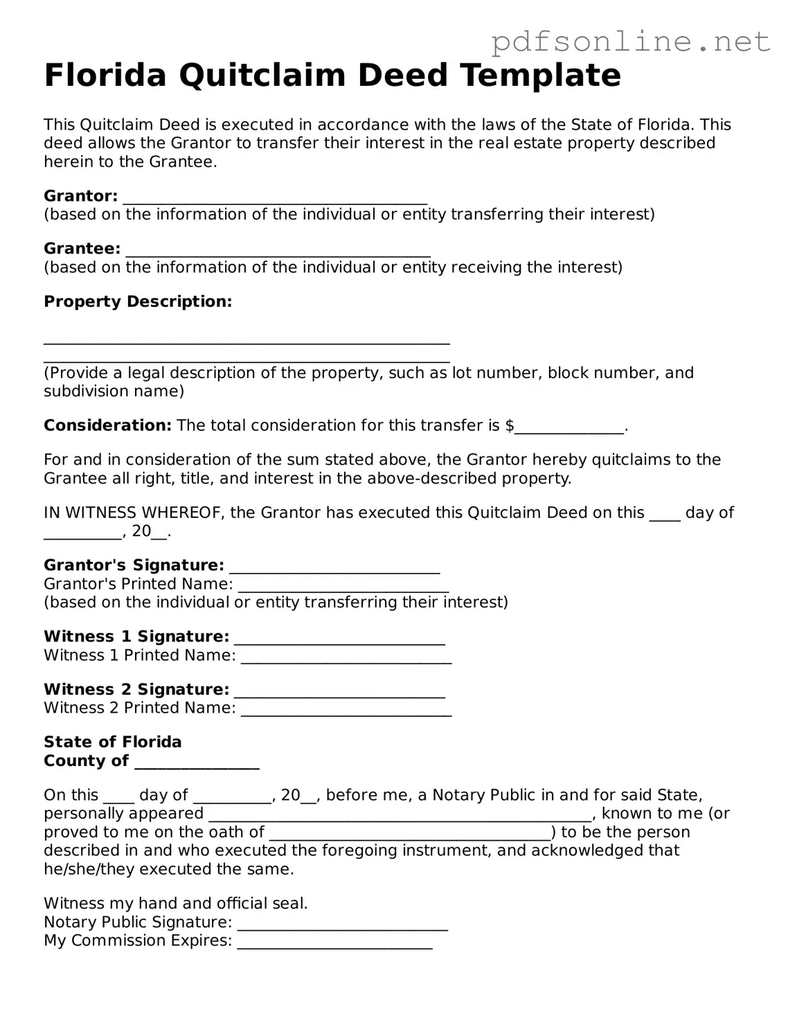 Legal Quitclaim Deed Template for the State of Florida