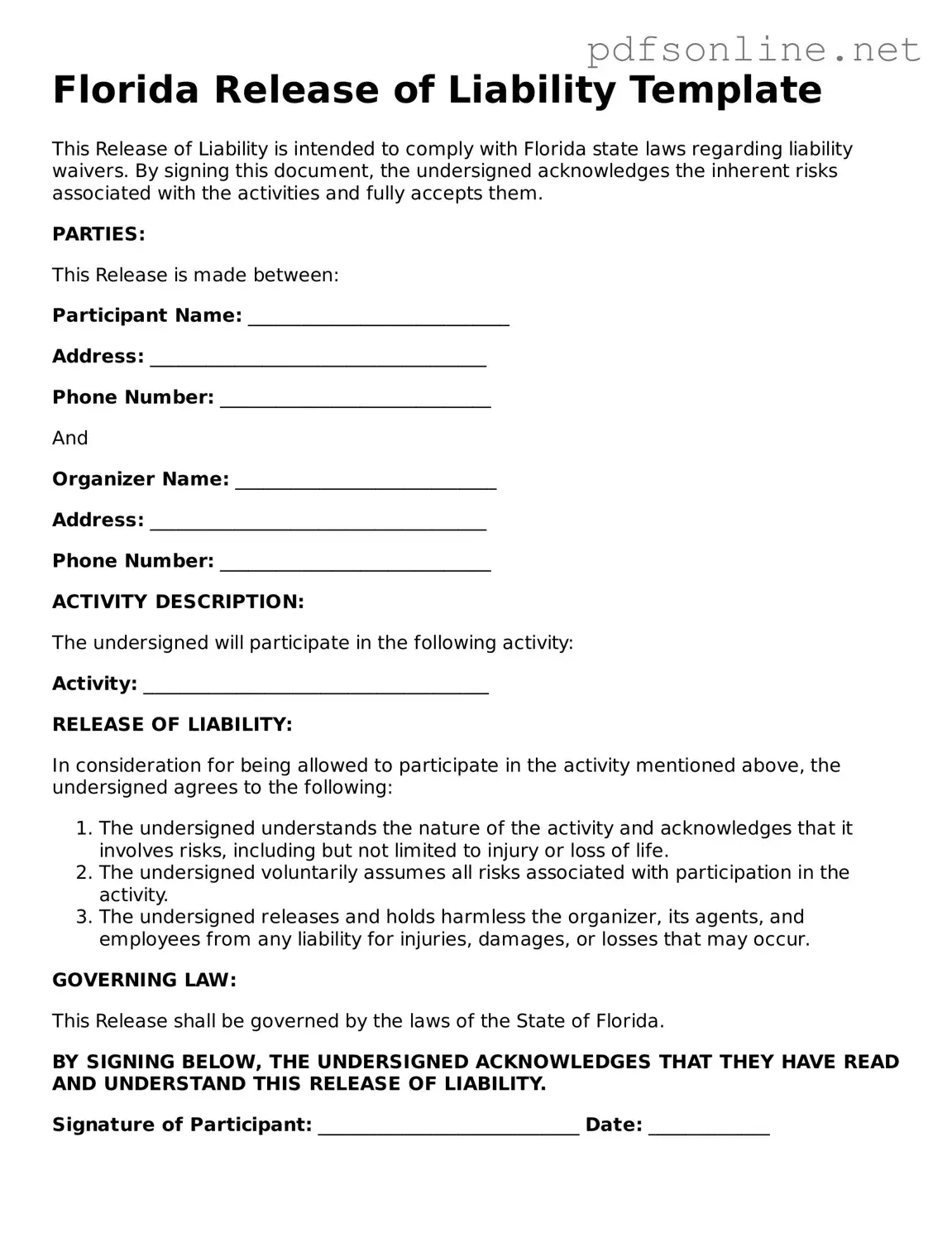 Legal Release of Liability Template for the State of Florida