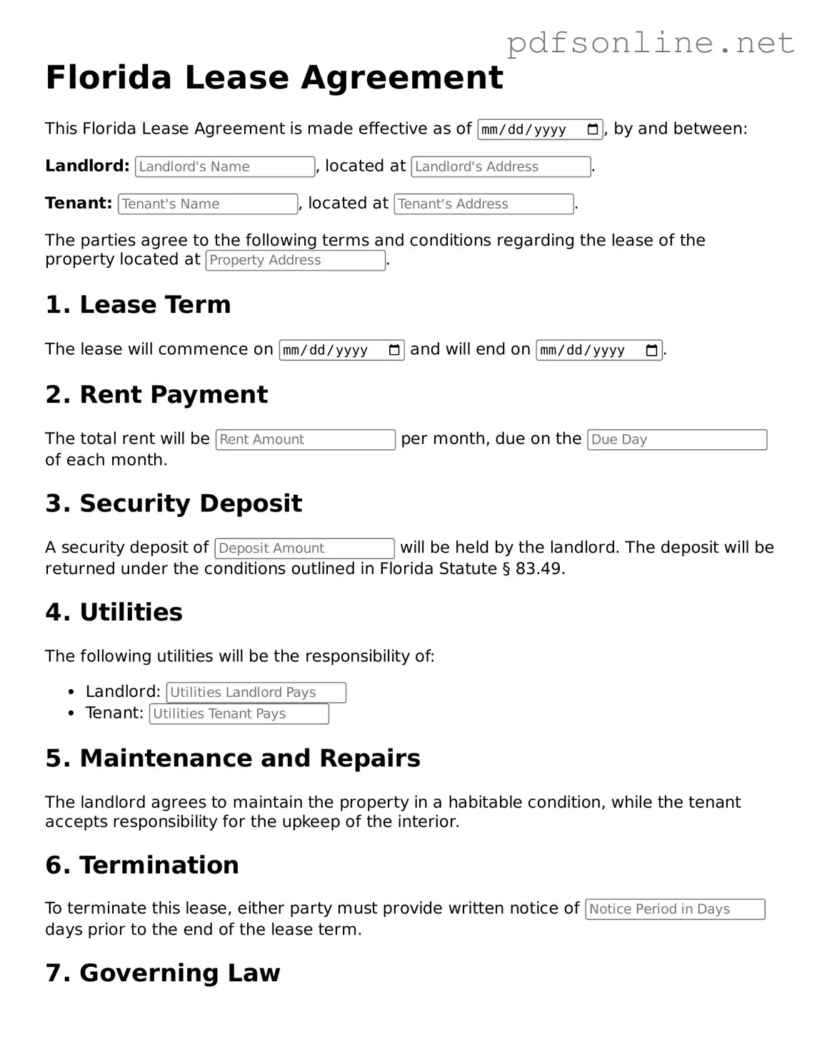 Legal Lease Agreement Template for the State of Florida