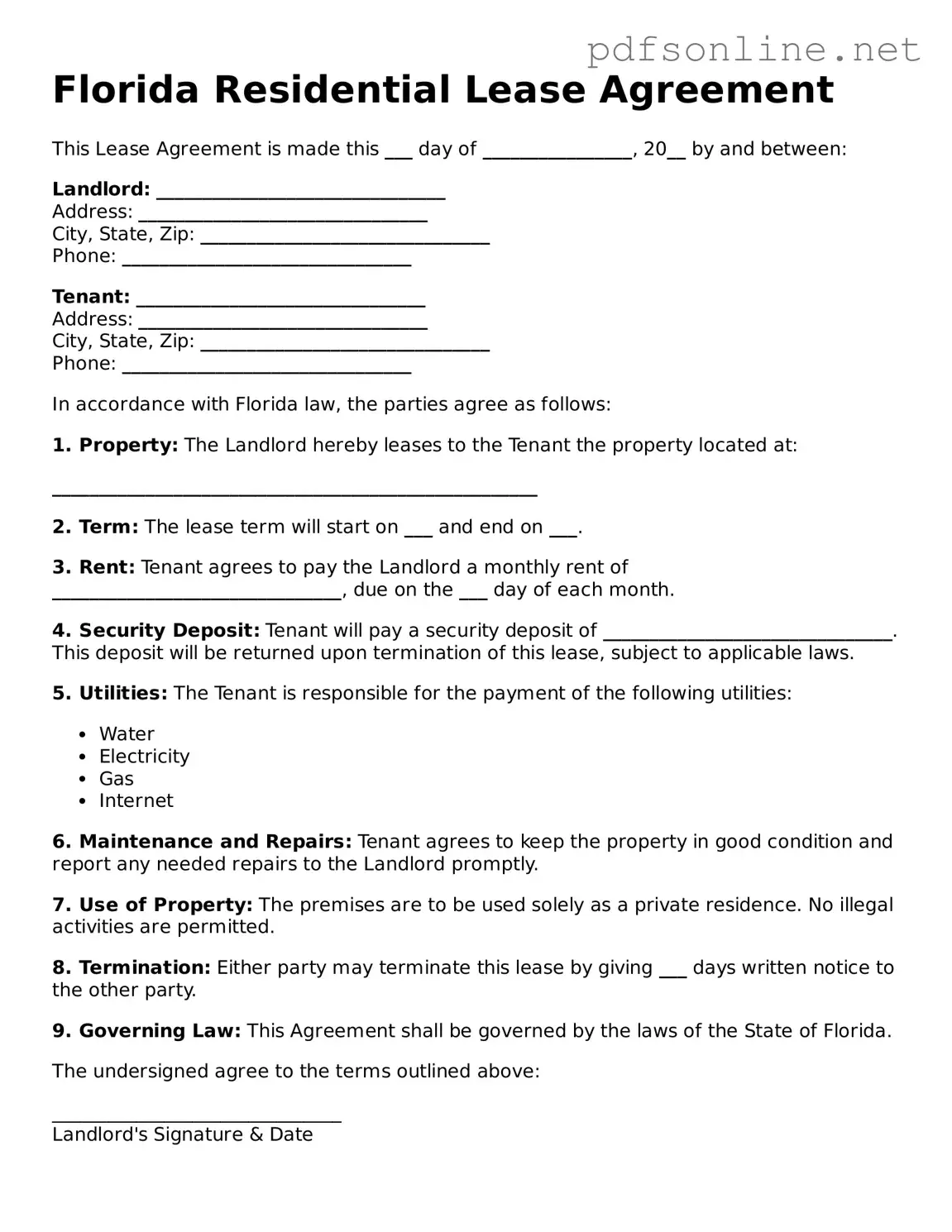 Legal Residential Lease Agreement Template for the State of Florida