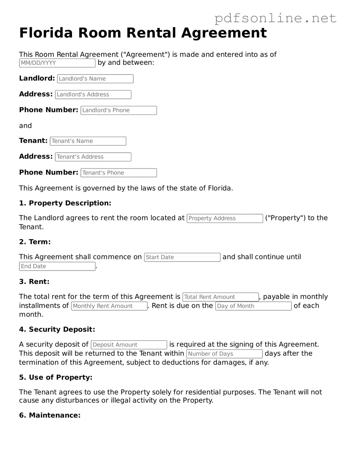 Legal Room Rental Agreement Template for the State of Florida