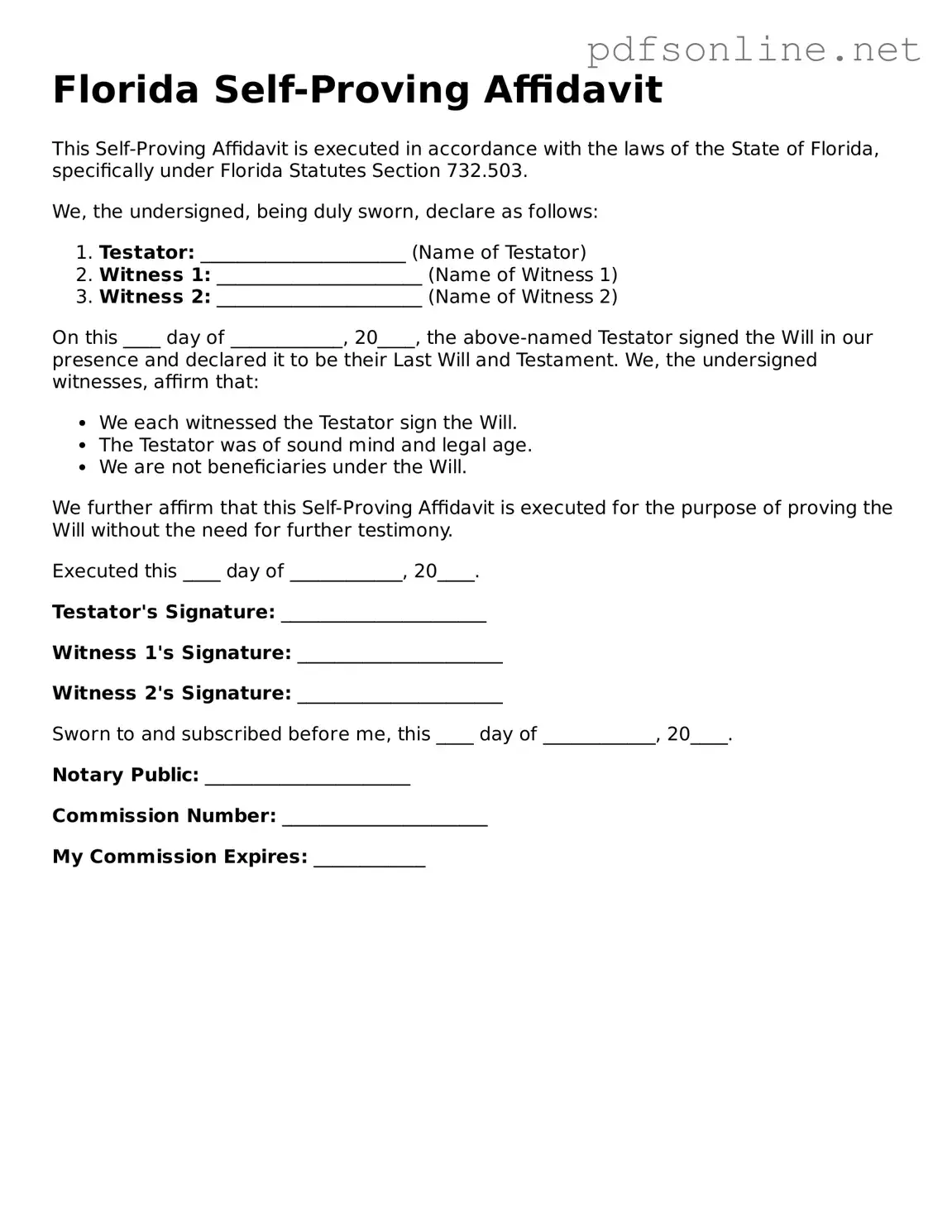 Legal Self-Proving Affidavit Template for the State of Florida
