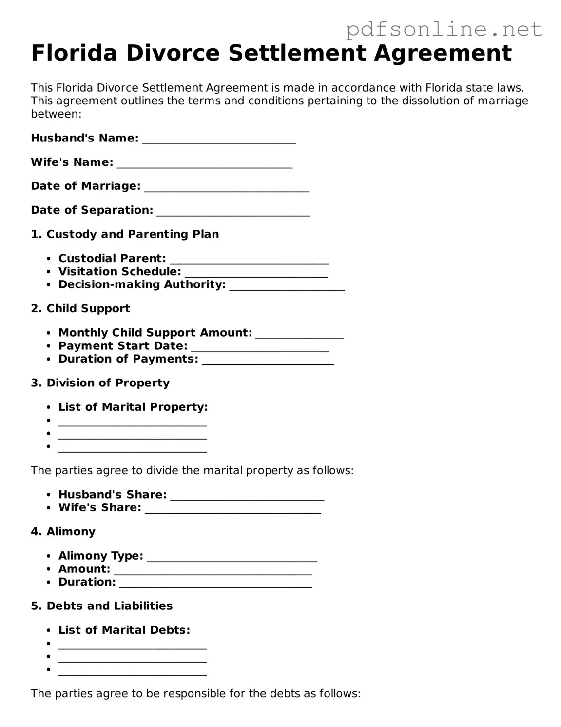 Legal Divorce Settlement Agreement Template for the State of Florida