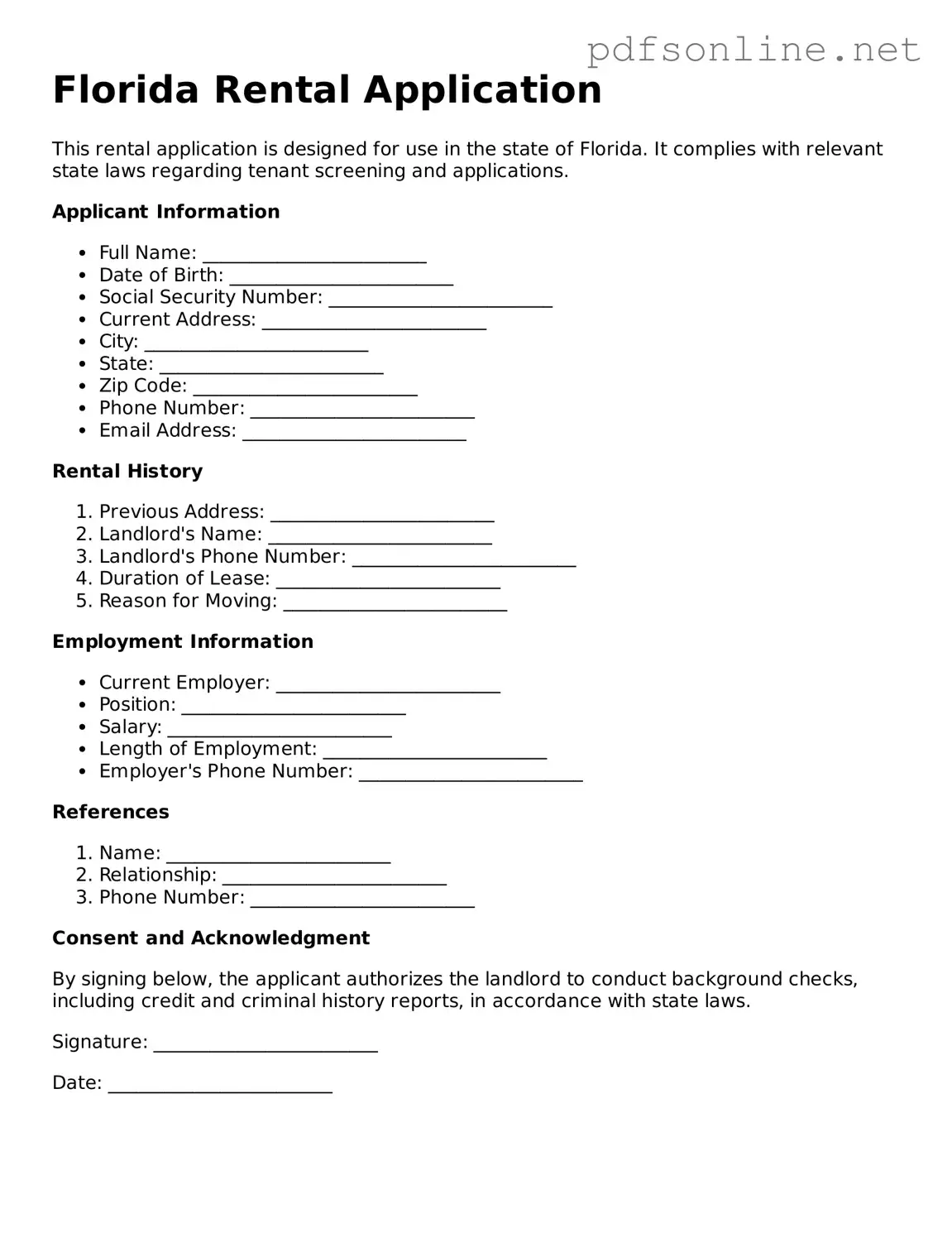 Legal Rental Application Template for the State of Florida