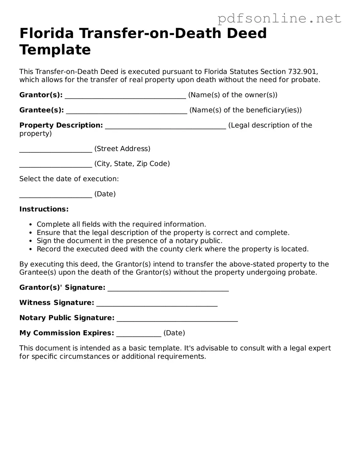 Legal Transfer-on-Death Deed Template for the State of Florida