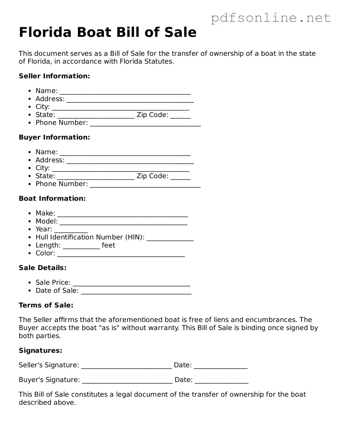 Legal Boat Bill of Sale Template for the State of Florida