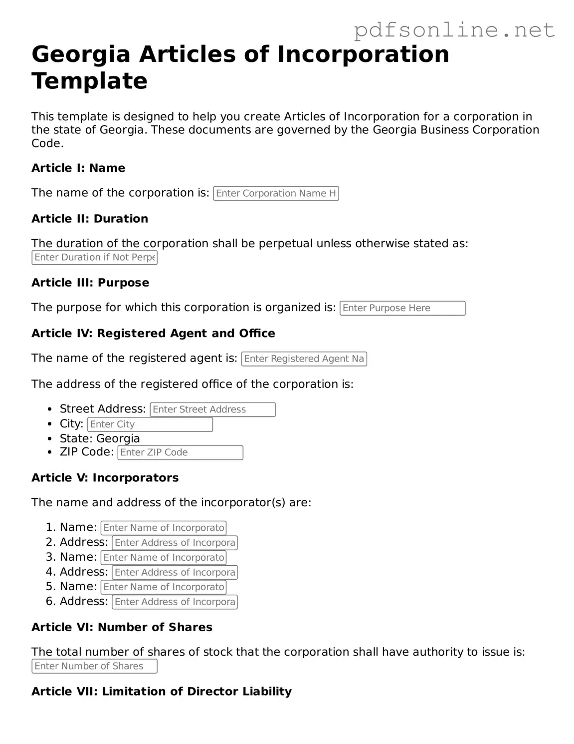 Legal Articles of Incorporation Template for the State of Georgia