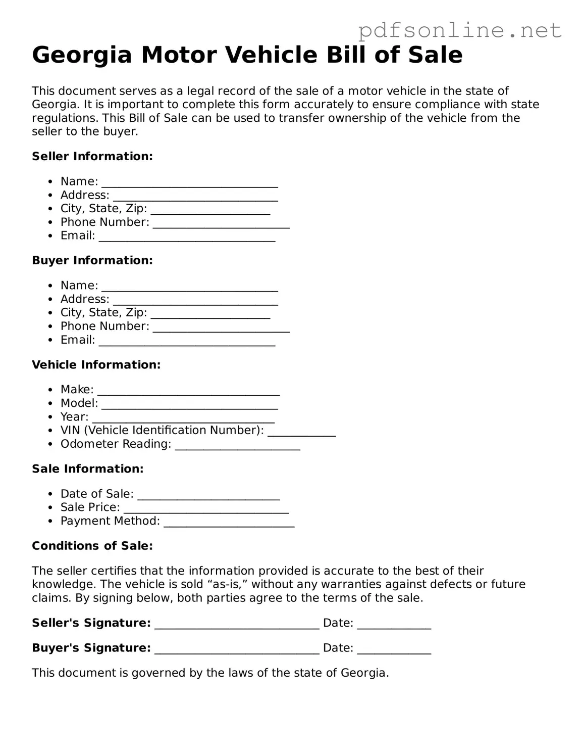Legal Motor Vehicle Bill of Sale Template for the State of Georgia