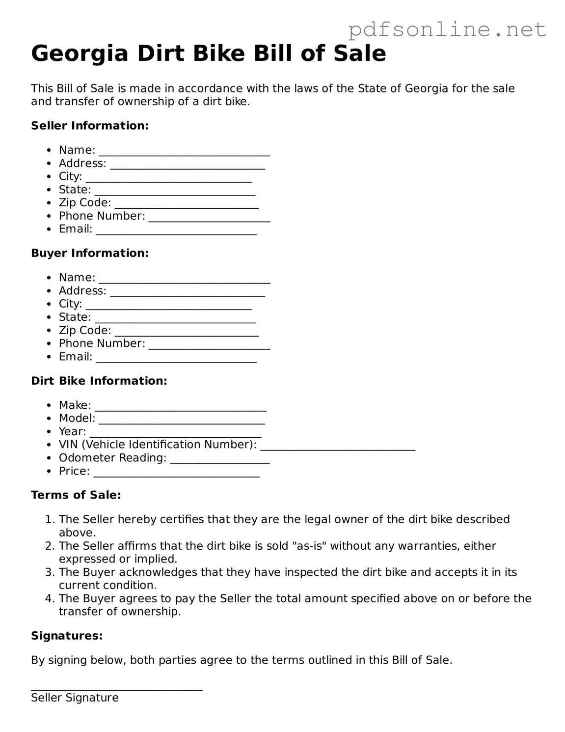 Legal Dirt Bike Bill of Sale Template for the State of Georgia