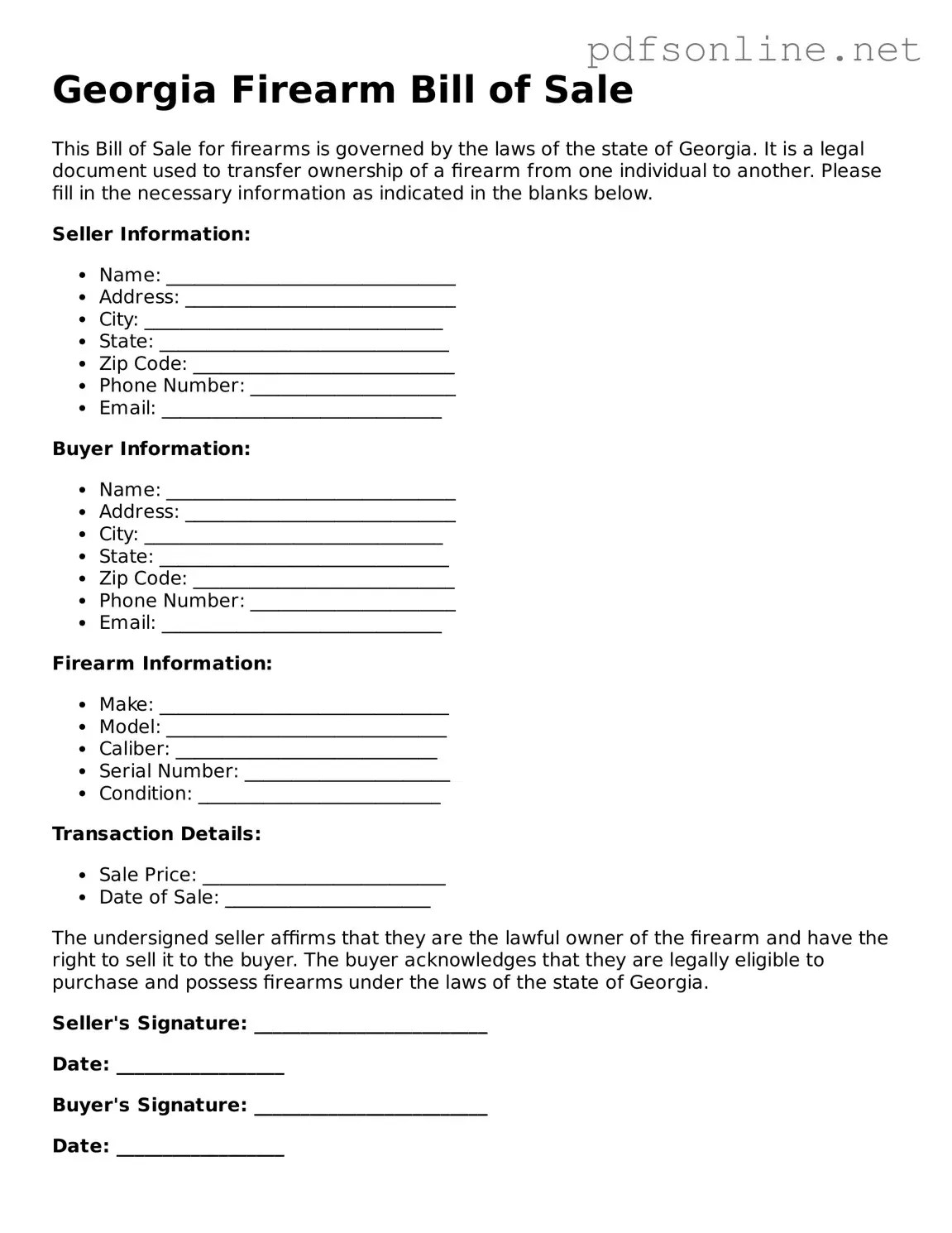 Legal Firearm Bill of Sale Template for the State of Georgia