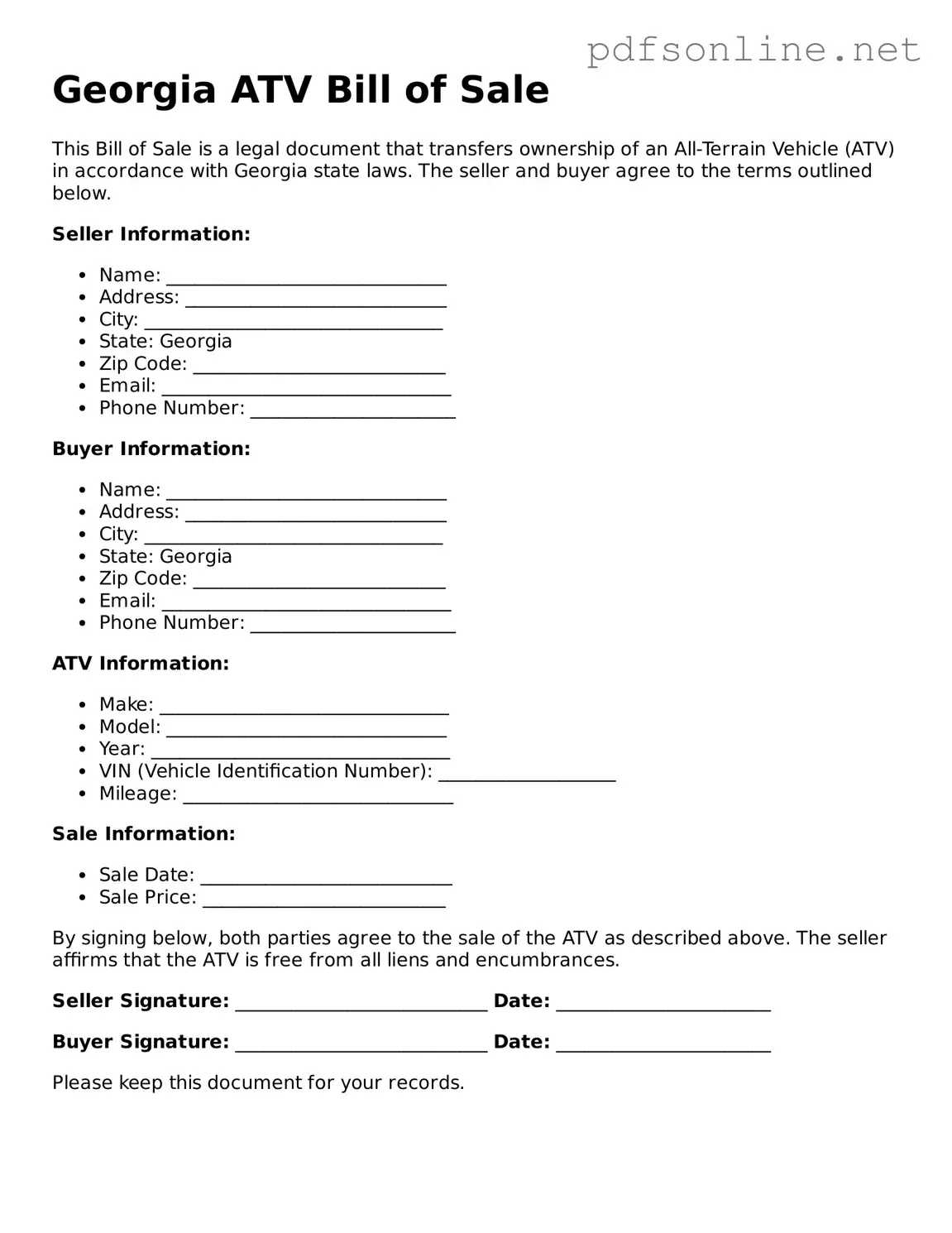 Legal ATV Bill of Sale Template for the State of Georgia
