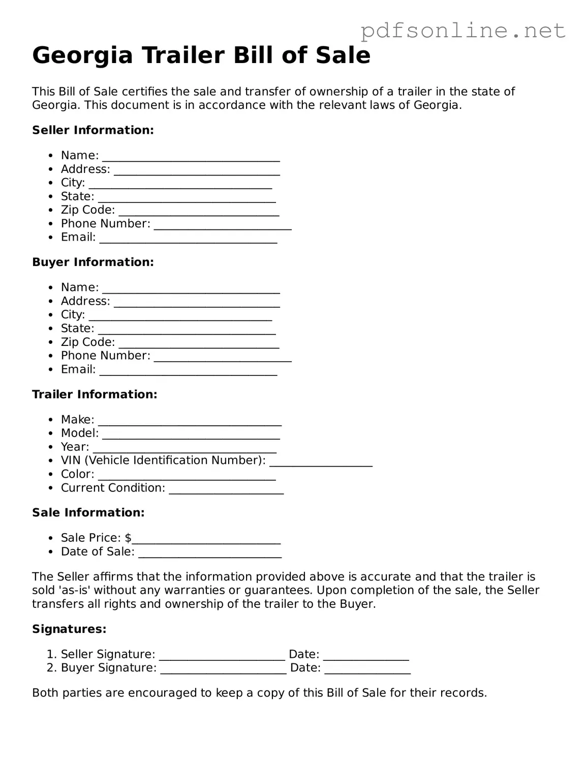 Legal Trailer Bill of Sale Template for the State of Georgia