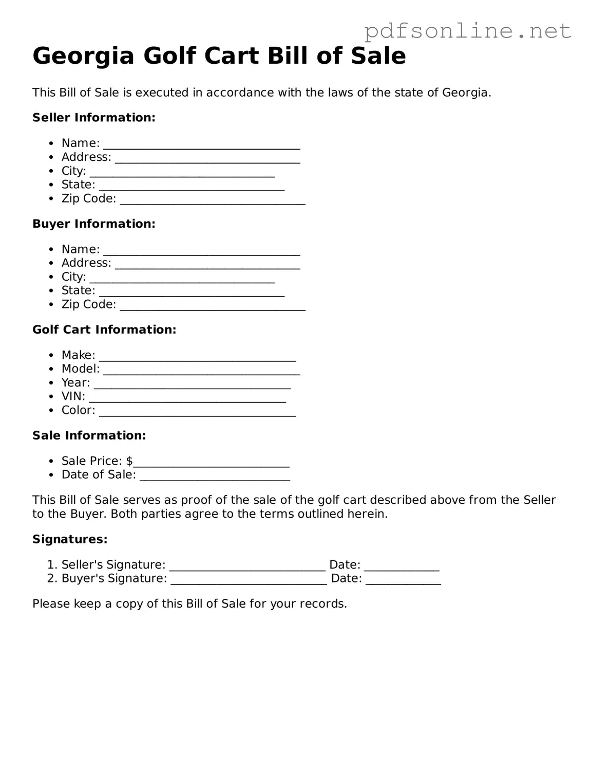 Legal Golf Cart Bill of Sale Template for the State of Georgia