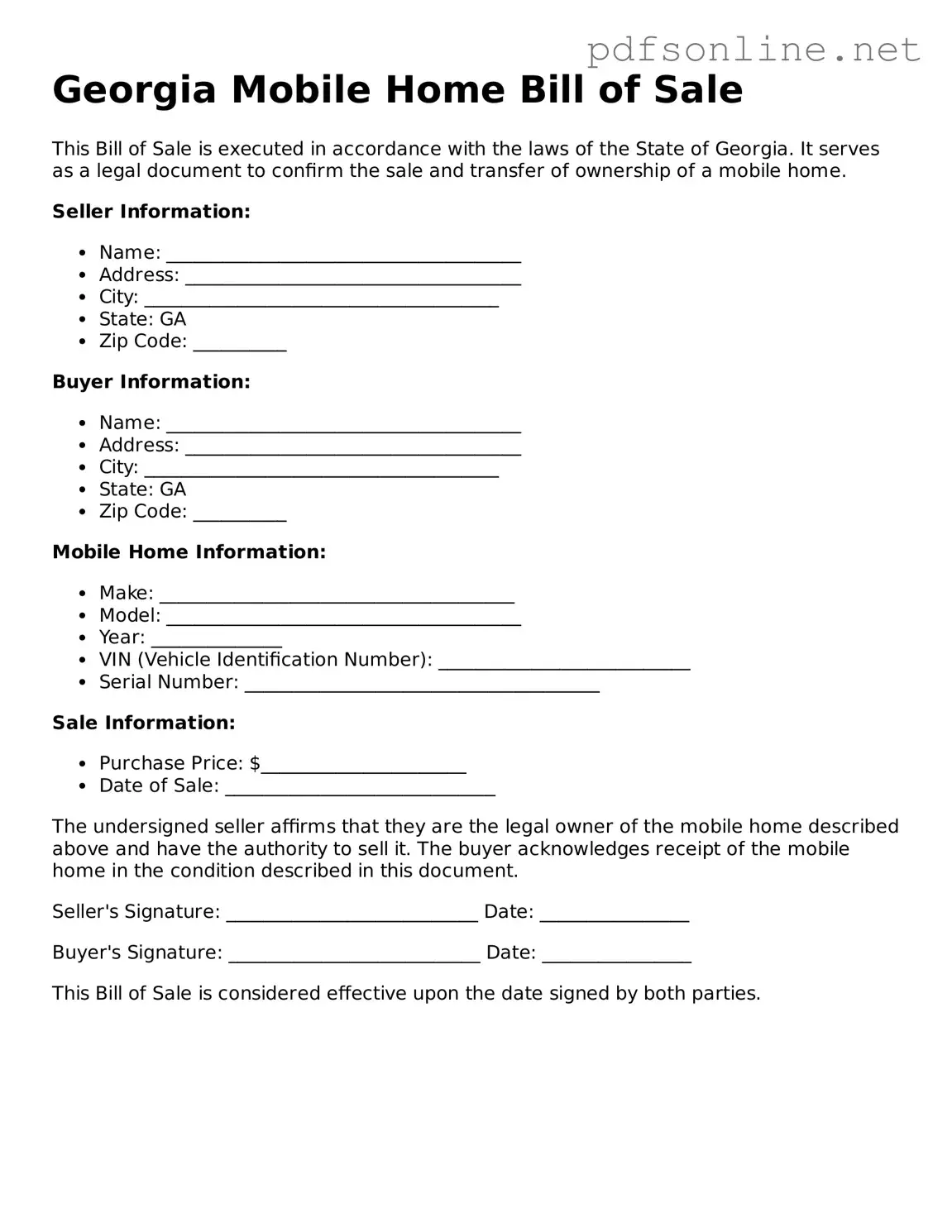 Legal Mobile Home Bill of Sale Template for the State of Georgia