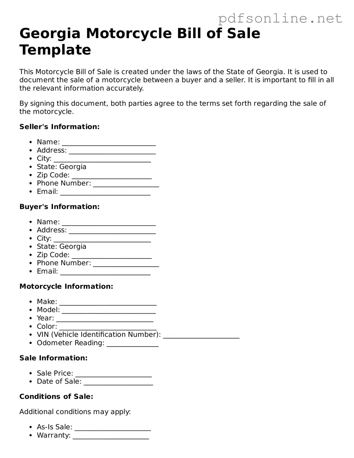 Legal Motorcycle Bill of Sale Template for the State of Georgia