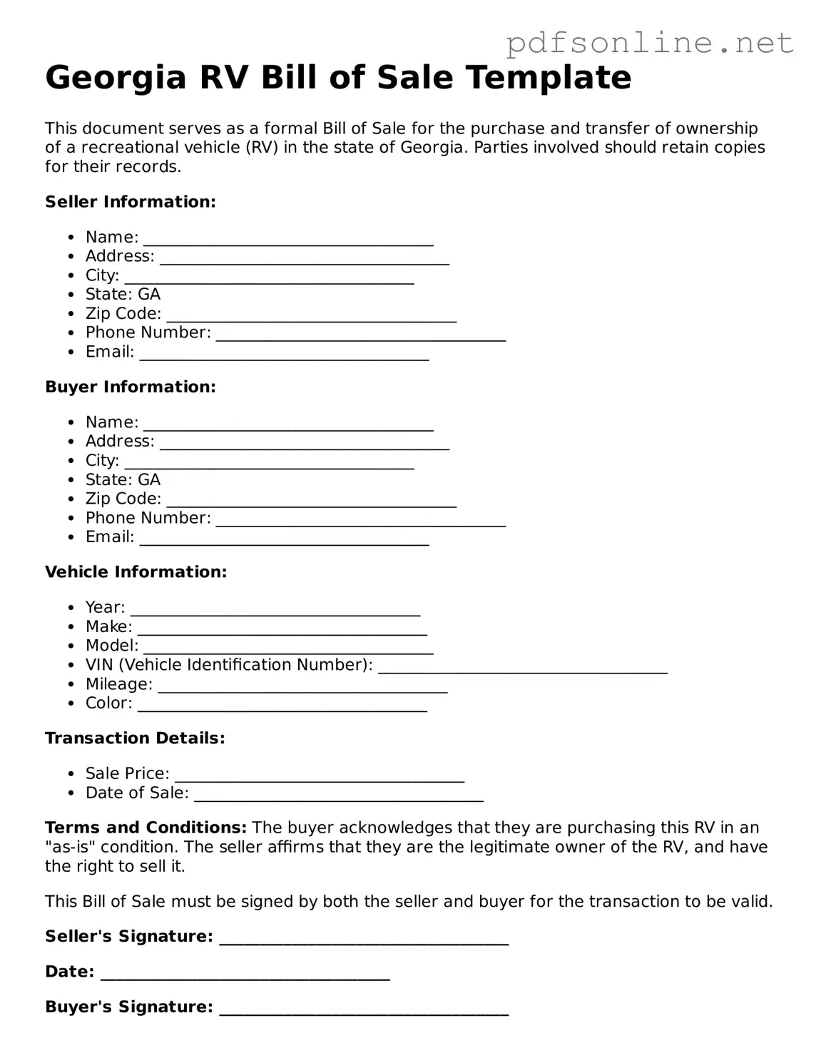 Legal RV Bill of Sale Template for the State of Georgia