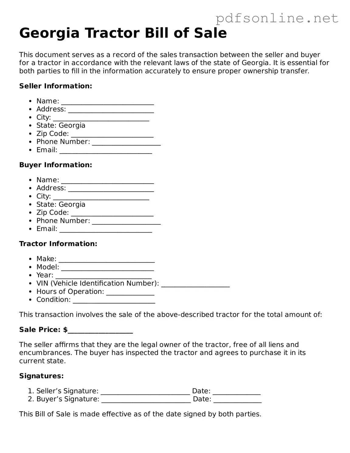 Legal Tractor Bill of Sale Template for the State of Georgia