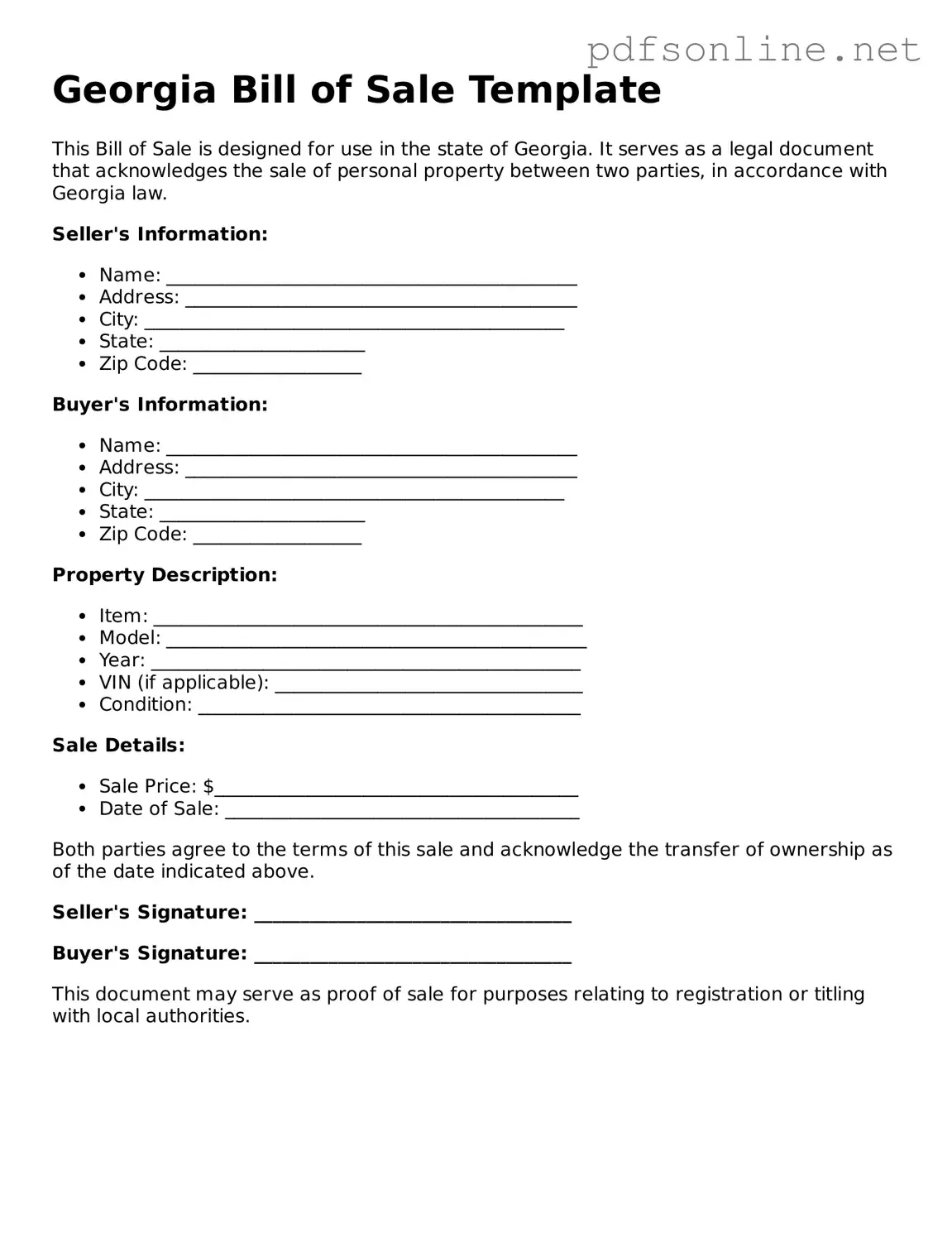 Legal Bill of Sale Template for the State of Georgia