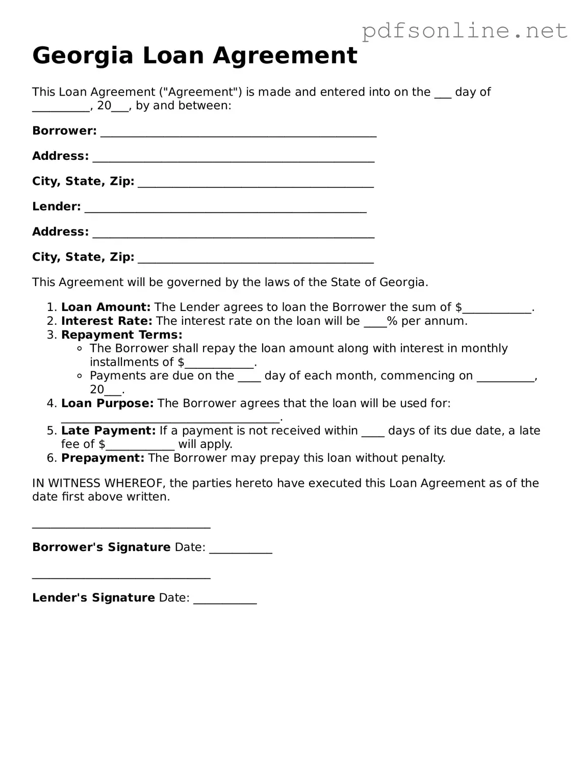 Legal Loan Agreement Template for the State of Georgia