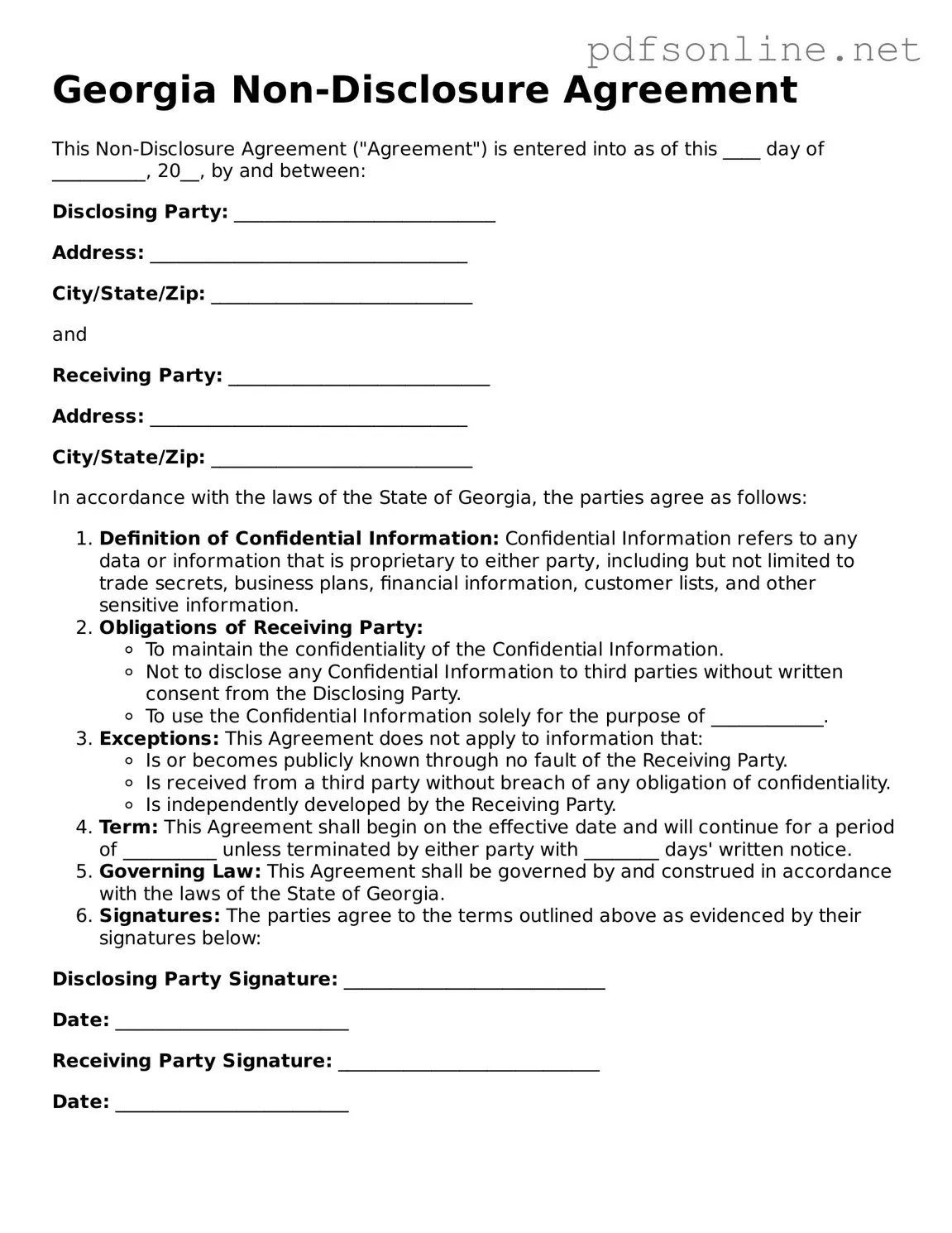 Legal Non-disclosure Agreement Template for the State of Georgia