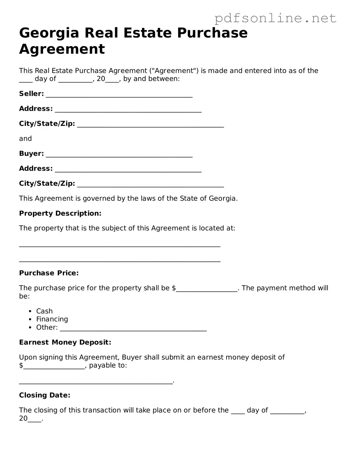 Legal Real Estate Purchase Agreement Template for the State of Georgia