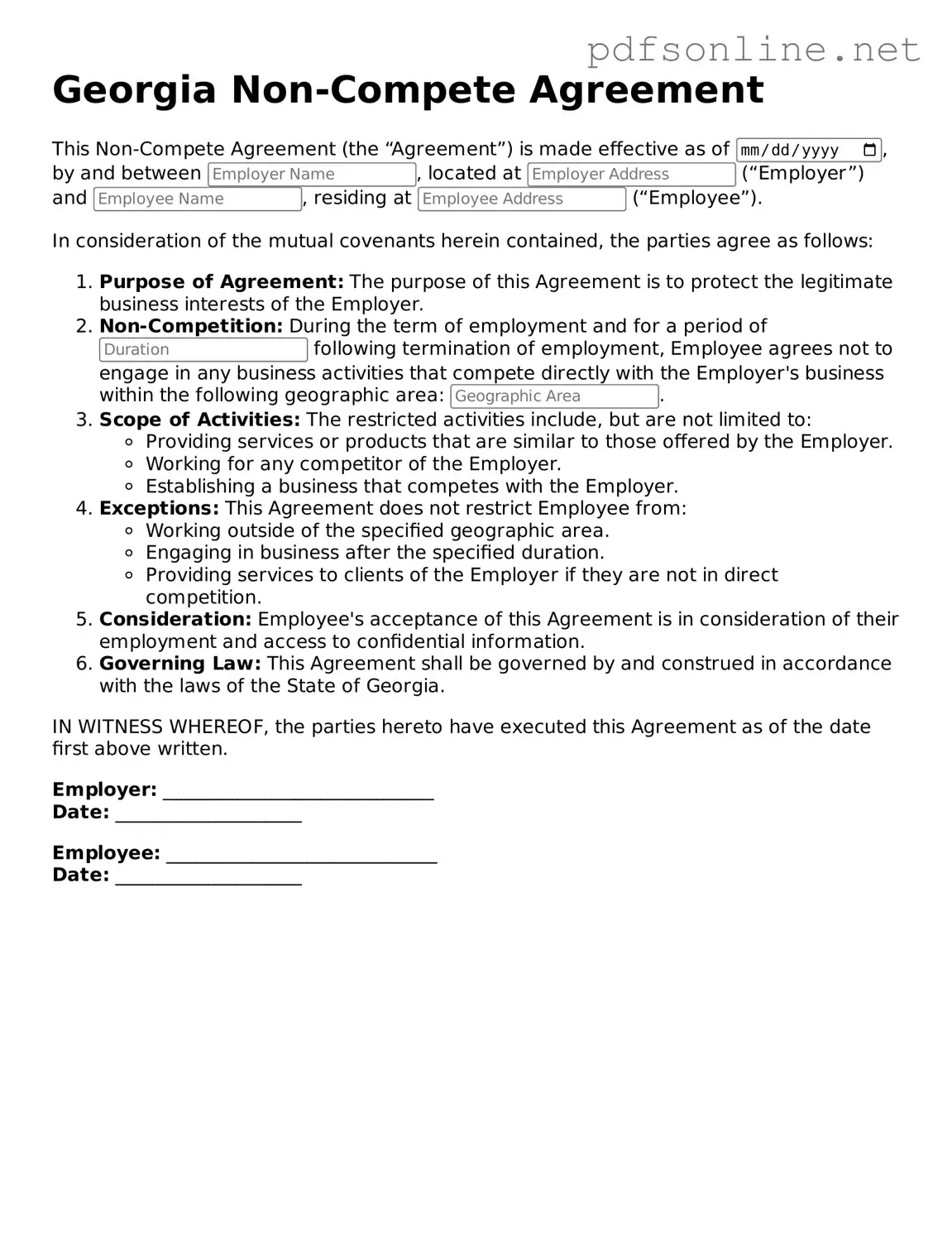 Legal Non-compete Agreement Template for the State of Georgia