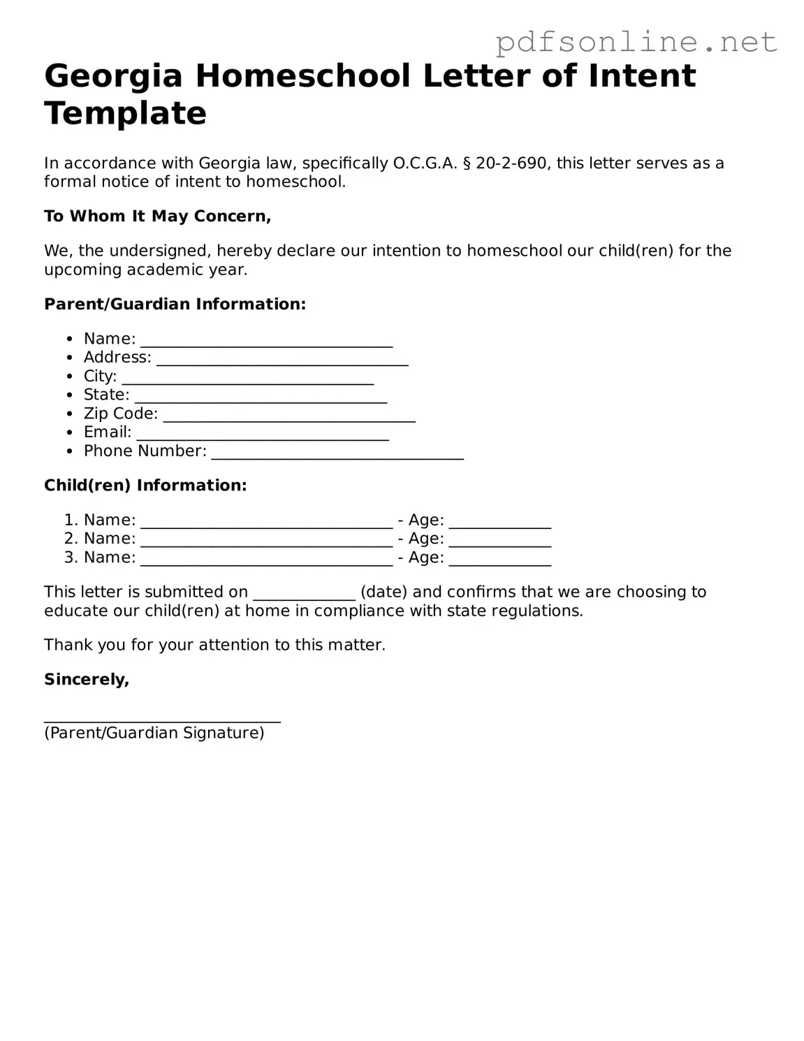 Legal Homeschool Letter of Intent Template for the State of Georgia