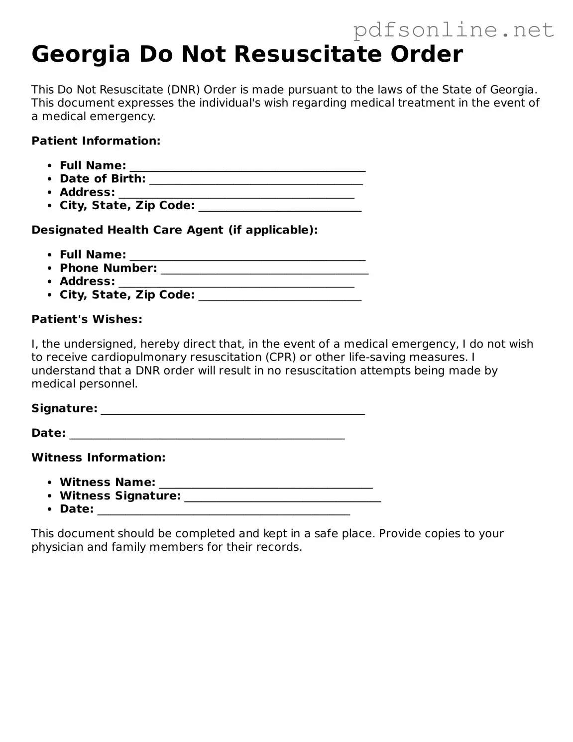 Legal Do Not Resuscitate Order Template for the State of Georgia