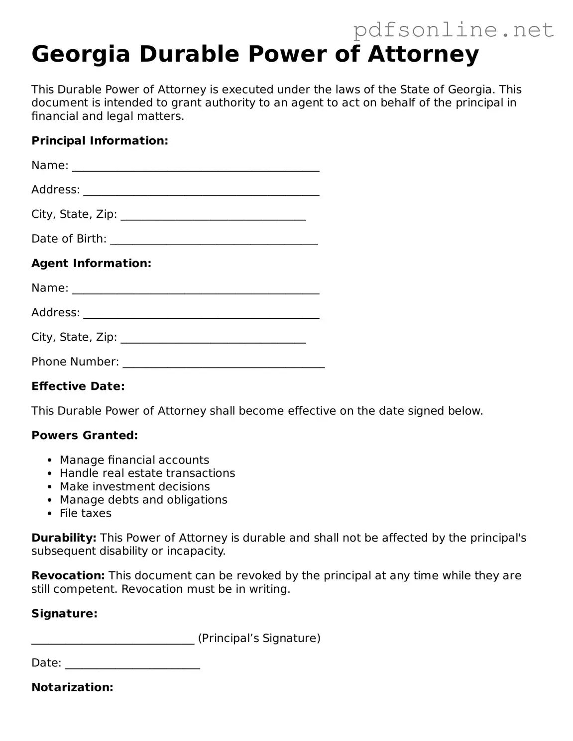 Legal Durable Power of Attorney Template for the State of Georgia