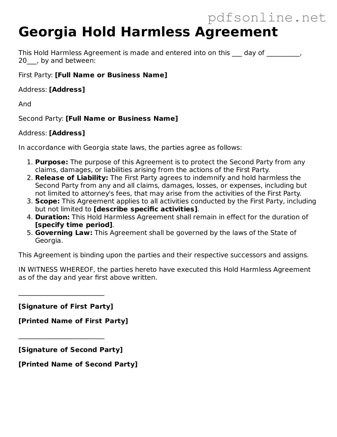 Legal Hold Harmless Agreement Template for the State of Georgia
