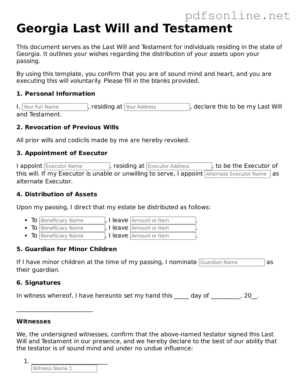 Legal Last Will and Testament Template for the State of Georgia