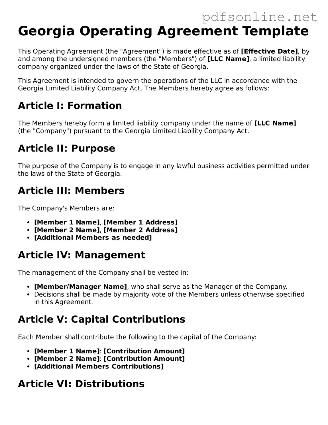 Legal Operating Agreement Template for the State of Georgia