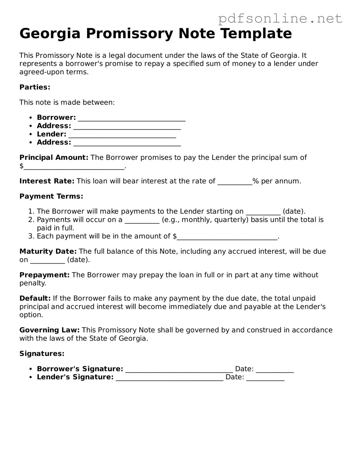 Legal Promissory Note Template for the State of Georgia
