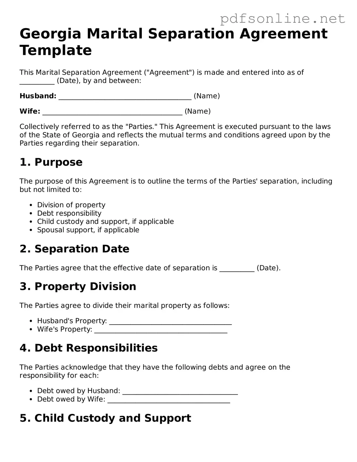 Legal Marital Separation Agreement Template for the State of Georgia