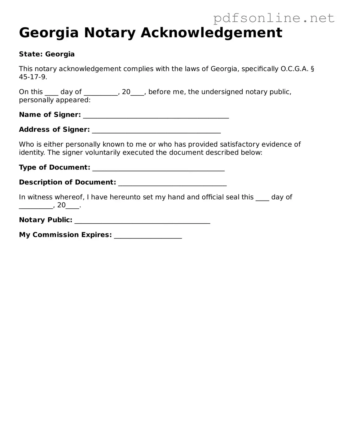 Legal Notary Acknowledgement Template for the State of Georgia