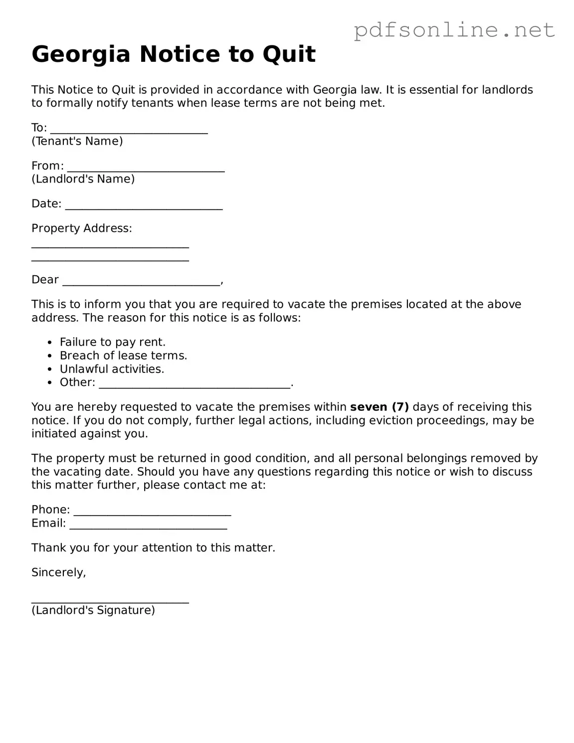 Legal Notice to Quit Template for the State of Georgia