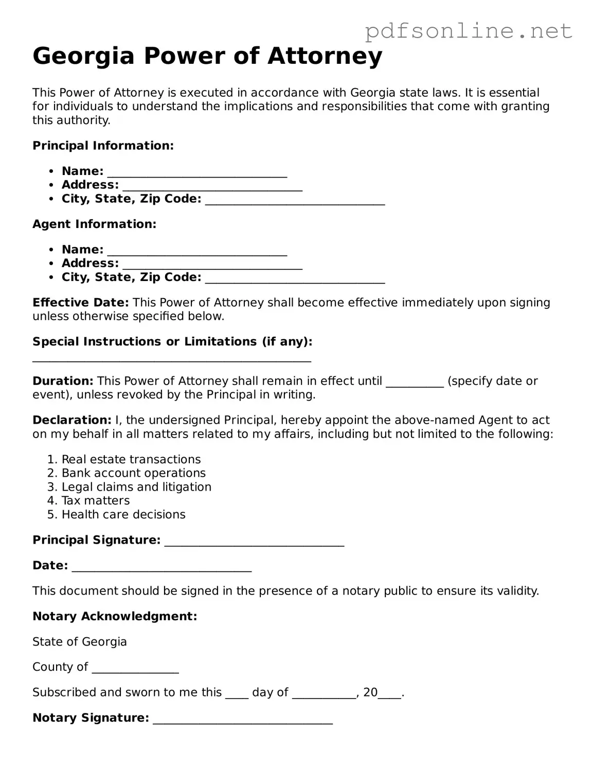 Legal Power of Attorney Template for the State of Georgia