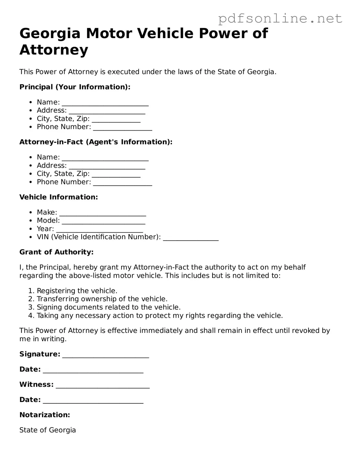 Legal Motor Vehicle Power of Attorney Template for the State of Georgia