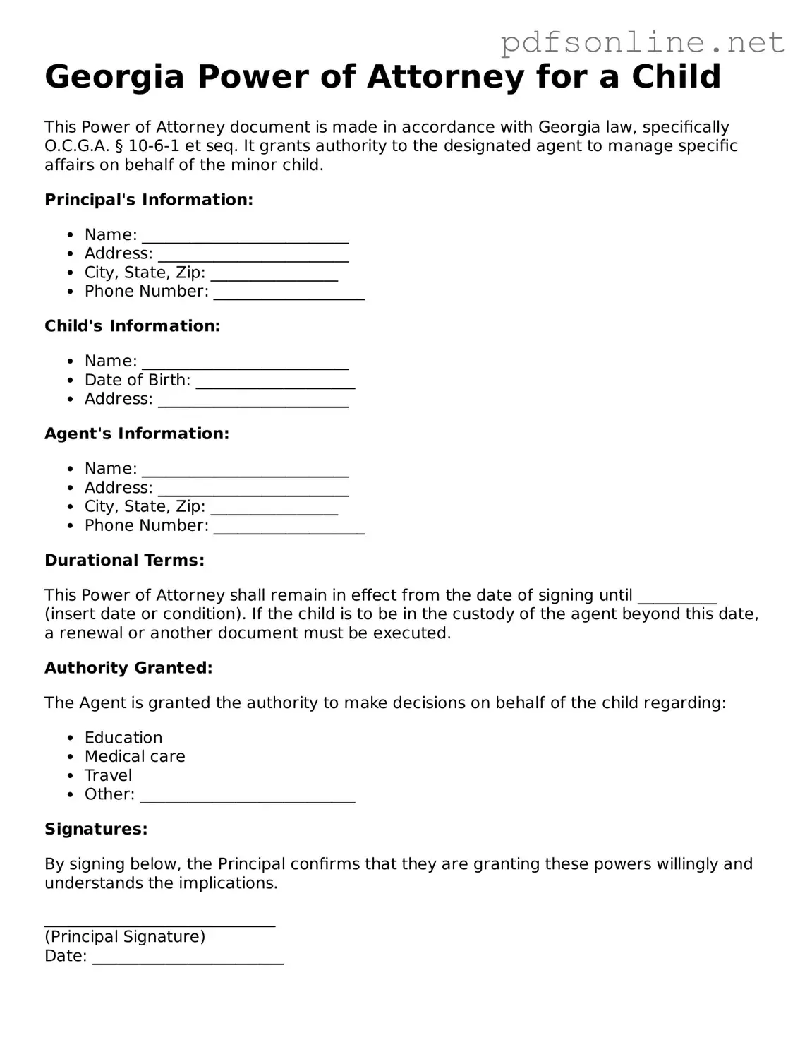 Legal Power of Attorney for a Child Template for the State of Georgia