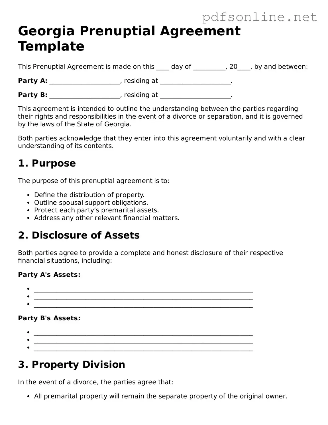 Legal Prenuptial Agreement Template for the State of Georgia