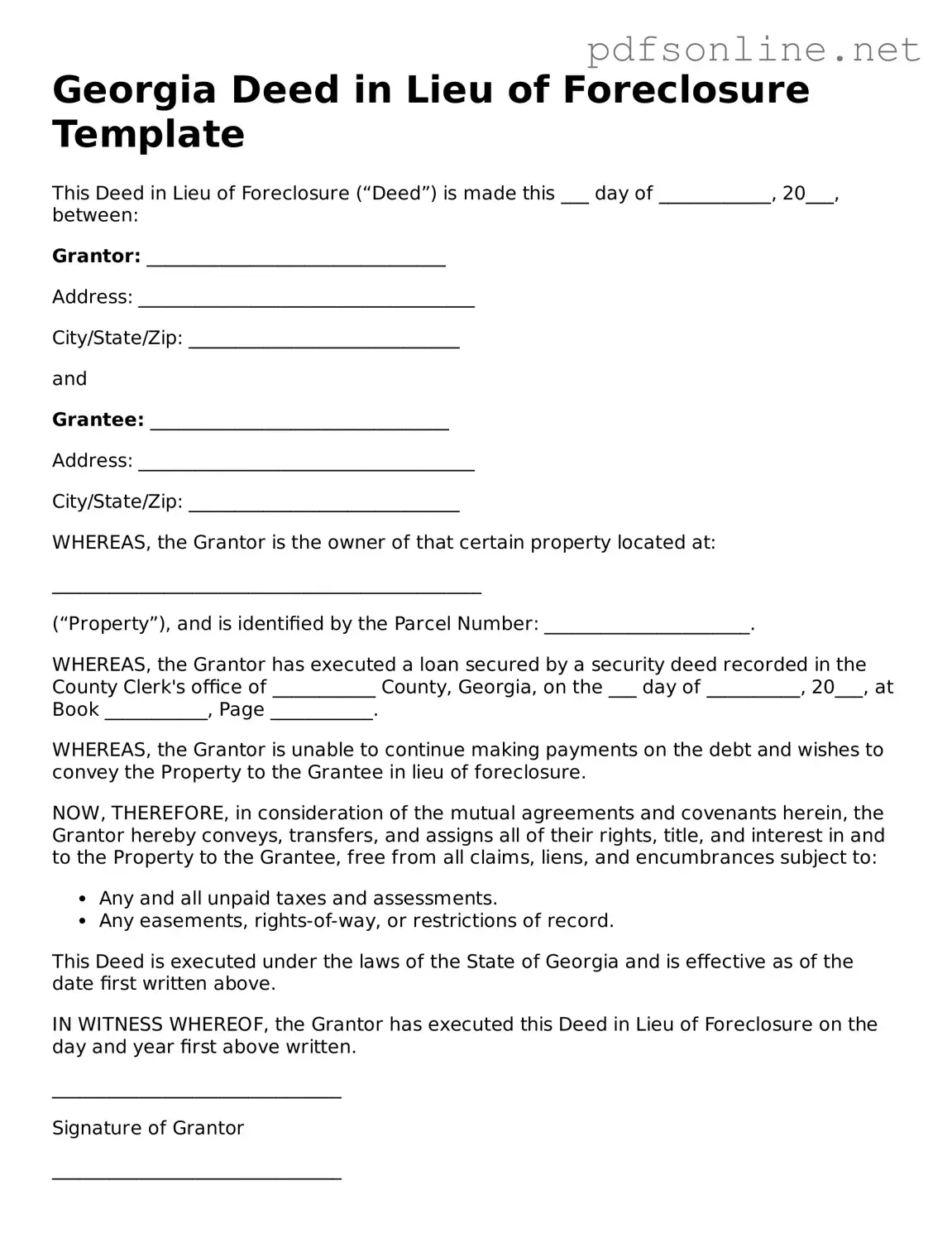 Legal Deed in Lieu of Foreclosure Template for the State of Georgia