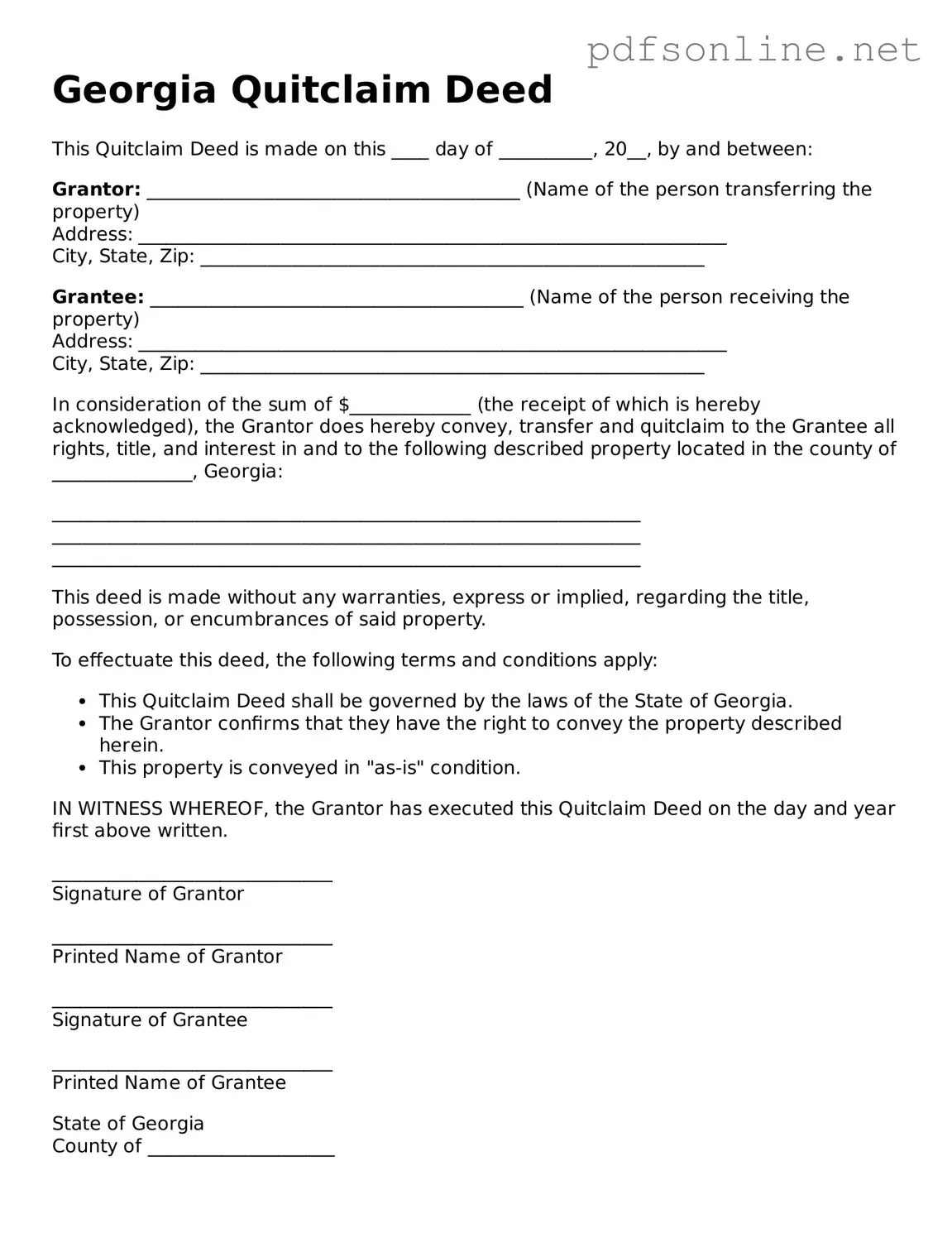 Legal Quitclaim Deed Template for the State of Georgia