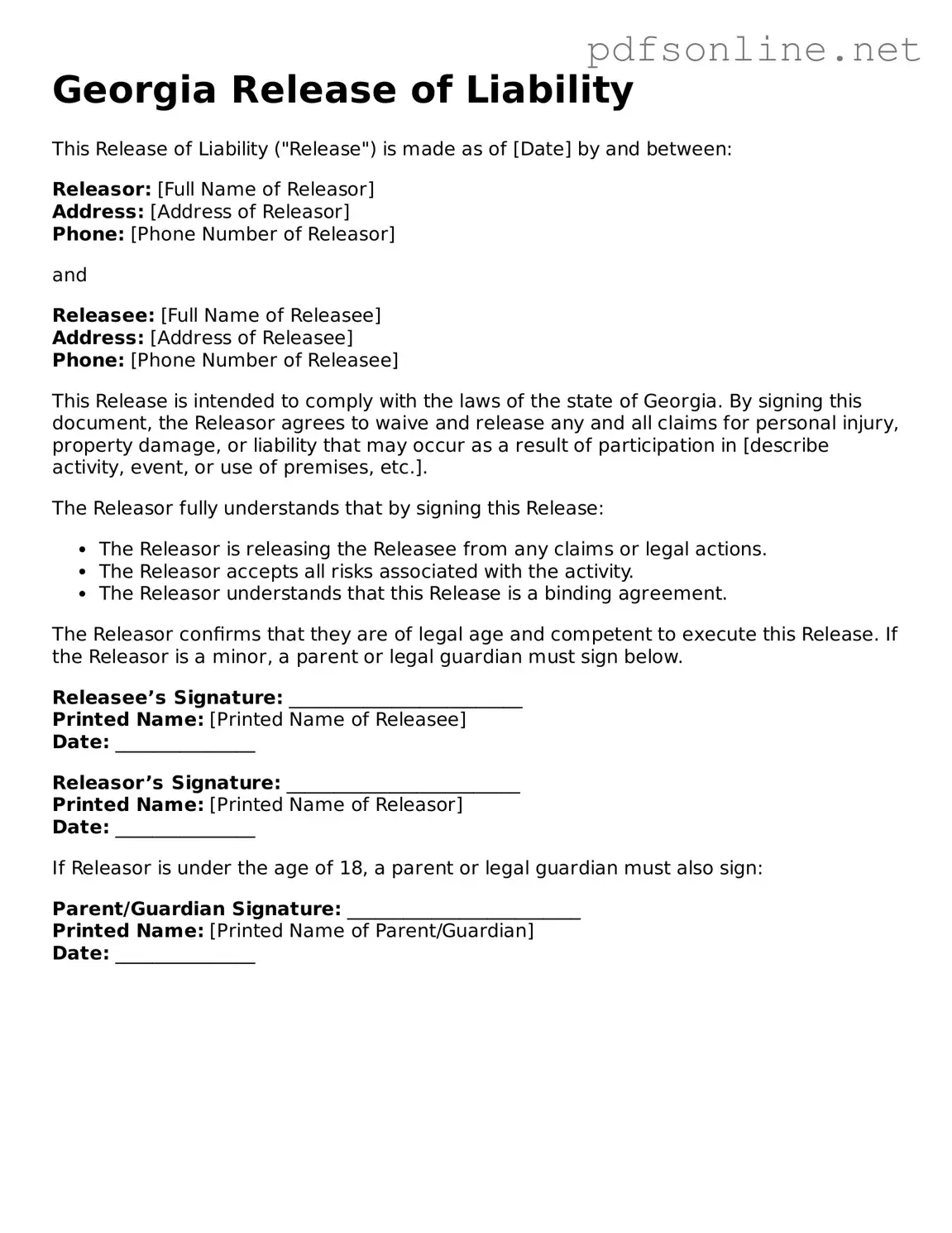 Legal Release of Liability Template for the State of Georgia