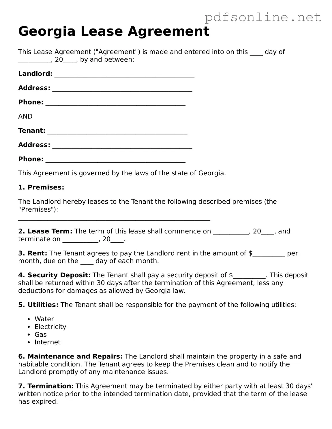 Legal Lease Agreement Template for the State of Georgia