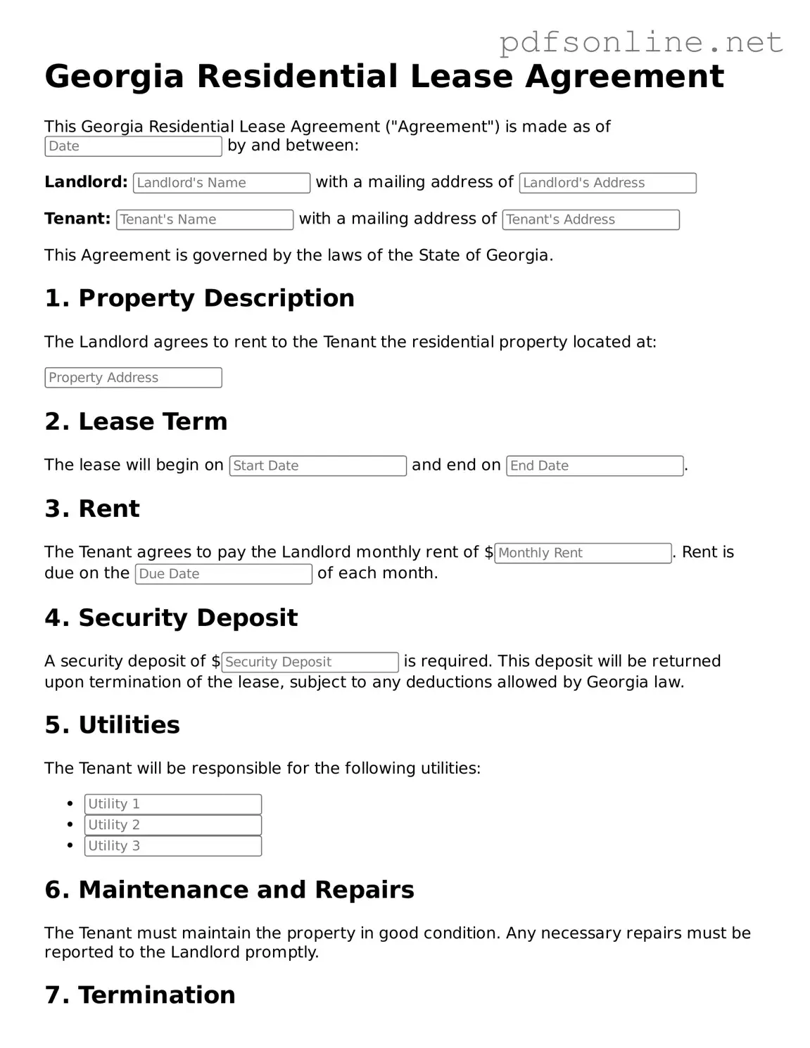 Legal Residential Lease Agreement Template for the State of Georgia