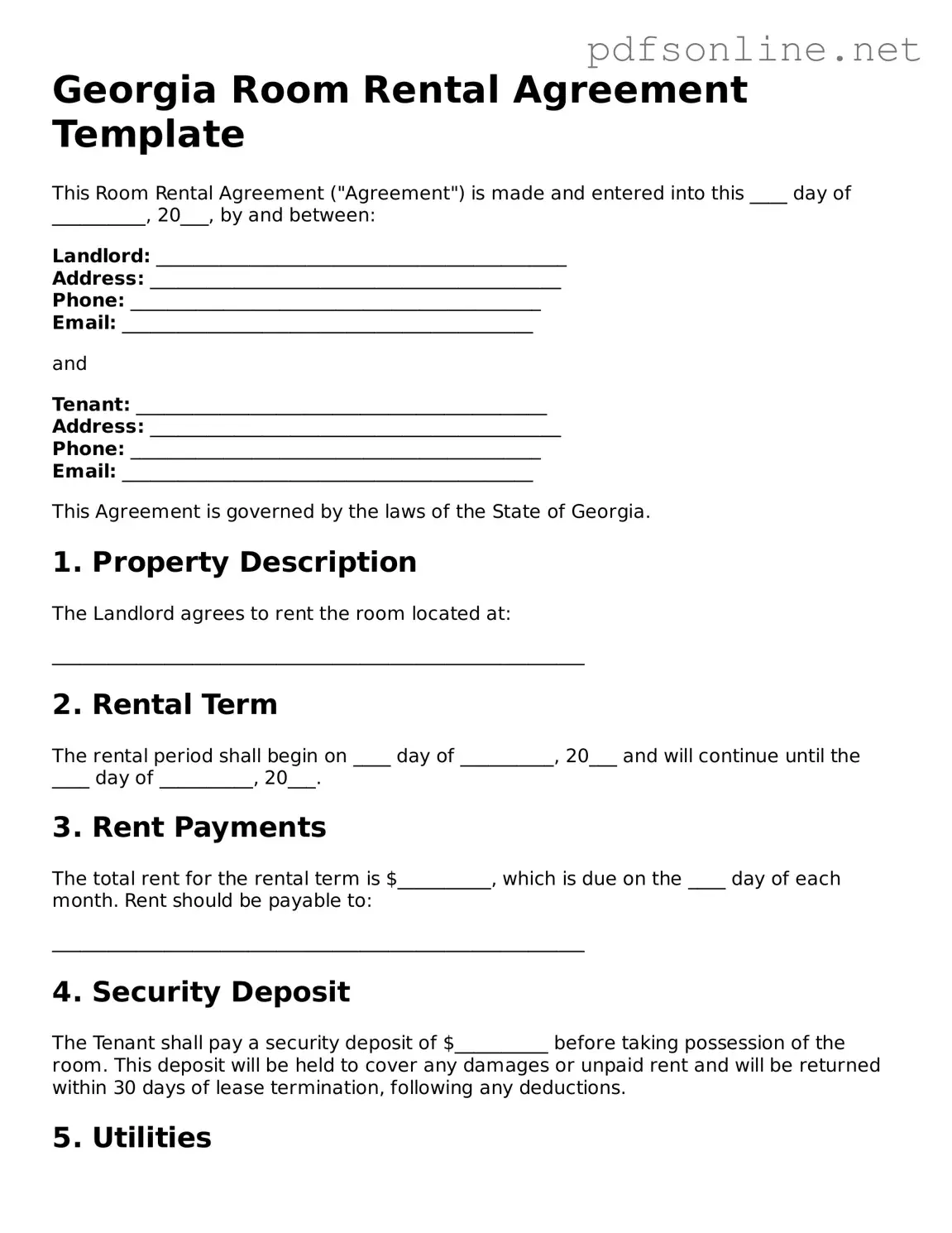 Legal Room Rental Agreement Template for the State of Georgia