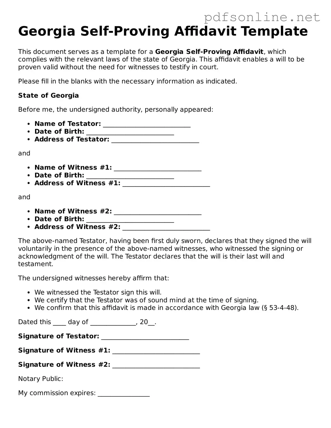 Legal Self-Proving Affidavit Template for the State of Georgia