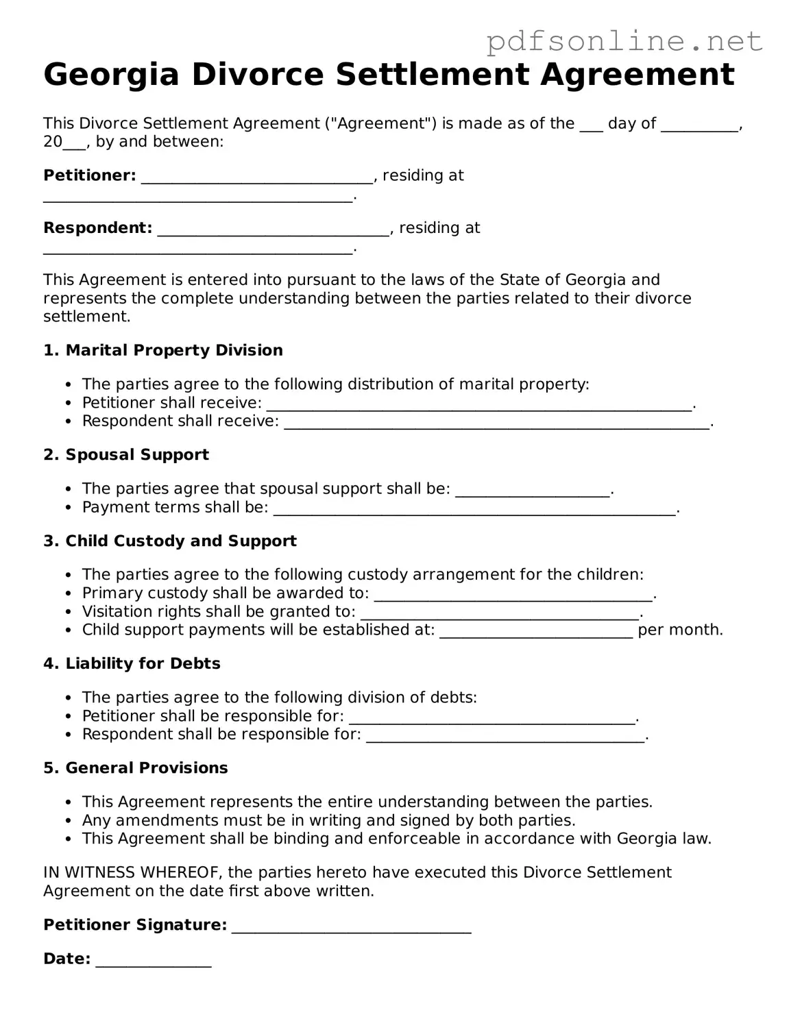 Legal Divorce Settlement Agreement Template for the State of Georgia